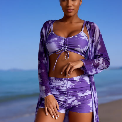 Floral Print Wrap Sarong Sunscreen Suit - Women's Fashion SwimsuitWomen's Modern Swimwear with Bold Color Blocking and Secure Fit for Water Sports