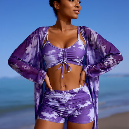 Floral Print Wrap Sarong Sunscreen Suit - Women's Fashion SwimsuitWomen's Modern Swimwear with Bold Color Blocking and Secure Fit for Water Sports