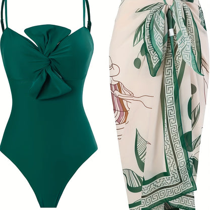 Tankini Sunscreen Two-Piece Set with High-End Printed Top, Chest Knot Design, Mermaide Skirt, Slim-Fit, Flattering, Chic and Sexy Casual Vacation Beach Swimsuit for Women