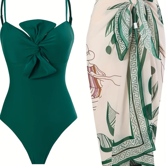 Tankini Sunscreen Two-Piece Set with High-End Printed Top, Chest Knot Design, Mermaide Skirt, Slim-Fit, Flattering, Chic and Sexy Casual Vacation Beach Swimsuit for Women