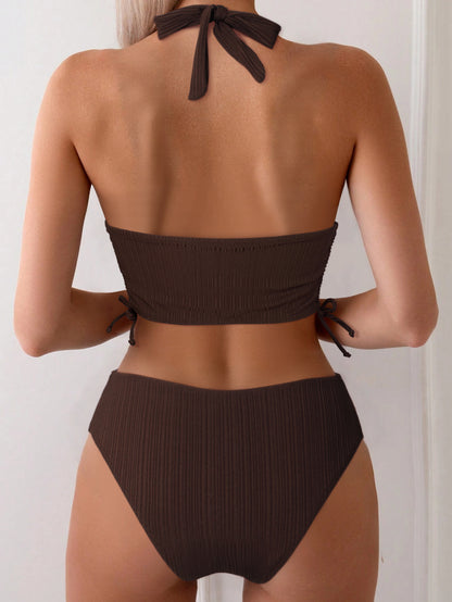 Solid Tie-Neck High-Waisted Bikini Set