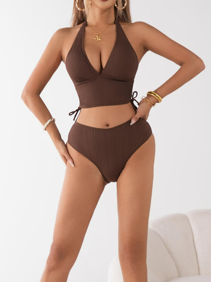 Solid Tie-Neck High-Waisted Bikini Set