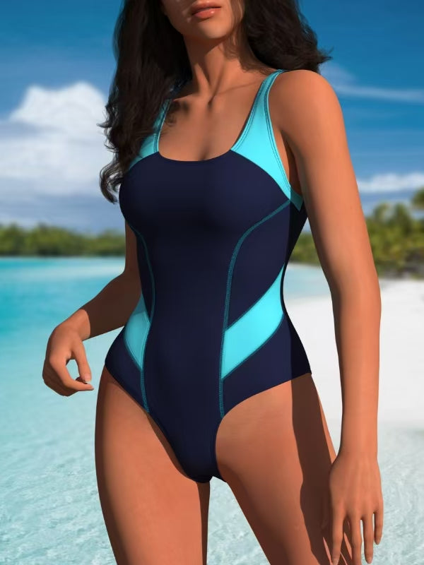 Navy and Cyan Colorblock Scoop-Neck One-Piece Swimsuit