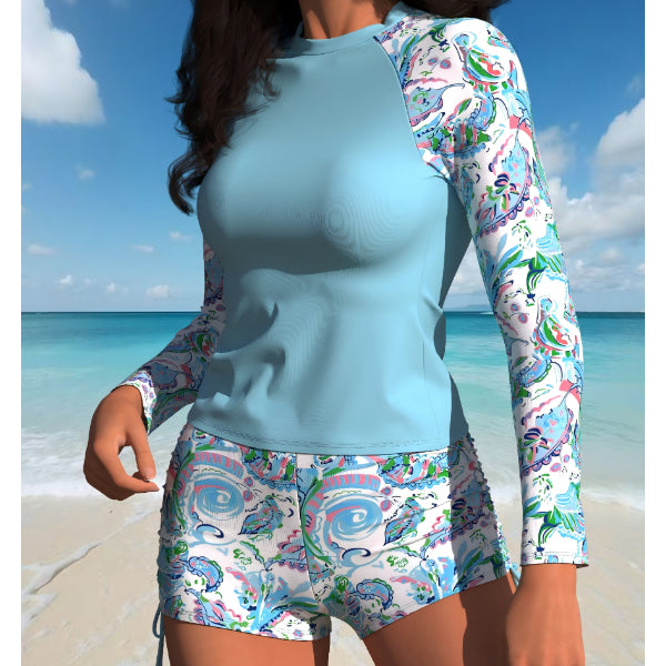 Light Blue Paisley Long-Sleeve Swim Top and Shorts Set