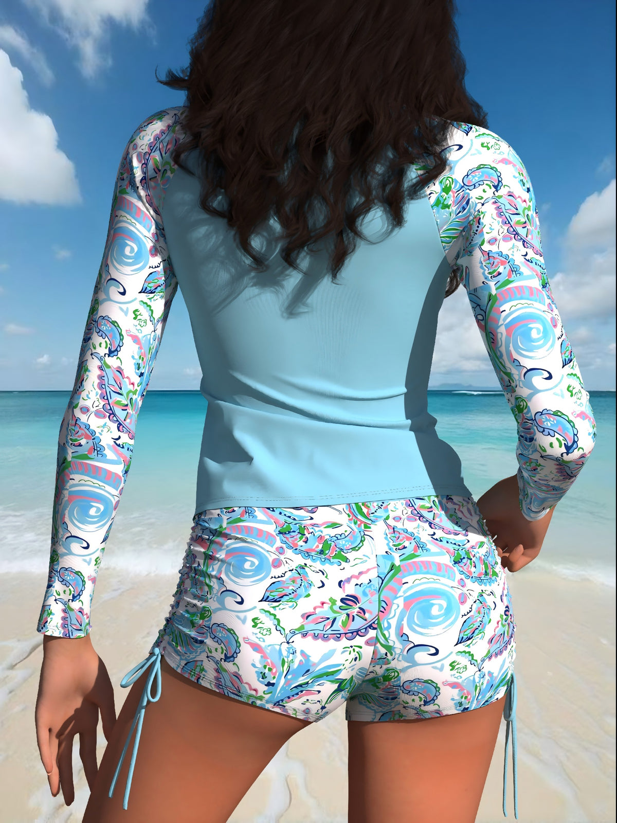 Light Blue Paisley Long-Sleeve Swim Top and Shorts Set
