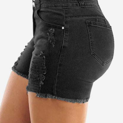 Women Three Button High Waist Black Ripped Frayed Denim Shorts Stretch Skinny Hot Pants For Summer Street Outfits