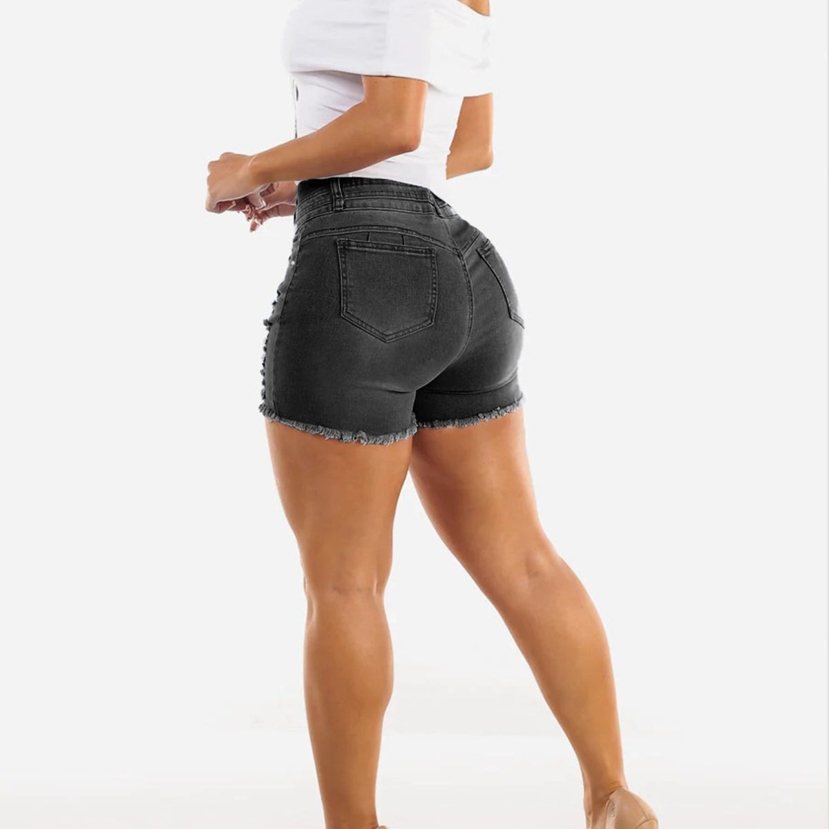 Women Three Button High Waist Black Ripped Frayed Denim Shorts Stretch Skinny Hot Pants For Summer Street Outfits