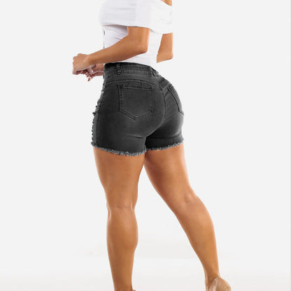 Women Three Button High Waist Black Ripped Frayed Denim Shorts Stretch Skinny Hot Pants For Summer Street Outfits