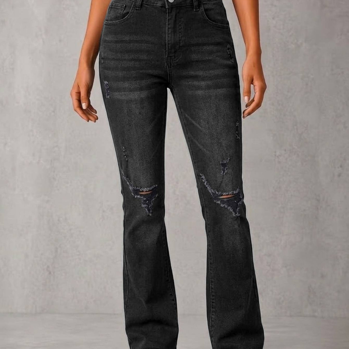 High Waist Black Washed Ripped Flare Jeans Women Faded Distressed Stretch Denim Bootcut Casual Vintage Long Pants