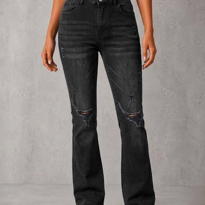 High Waist Black Washed Ripped Flare Jeans Women Faded Distressed Stretch Denim Bootcut Casual Vintage Long Pants