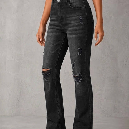 High Waist Black Washed Ripped Flare Jeans Women Faded Distressed Stretch Denim Bootcut Casual Vintage Long Pants