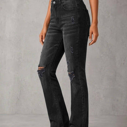 High Waist Black Washed Ripped Flare Jeans Women Faded Distressed Stretch Denim Bootcut Casual Vintage Long Pants