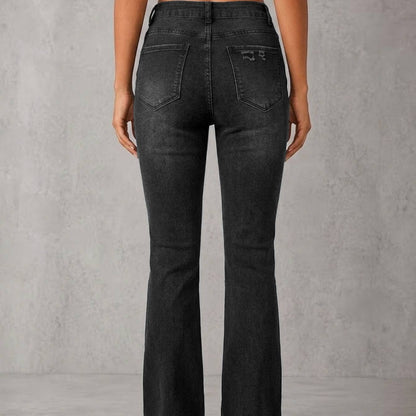 High Waist Black Washed Ripped Flare Jeans Women Faded Distressed Stretch Denim Bootcut Casual Vintage Long Pants