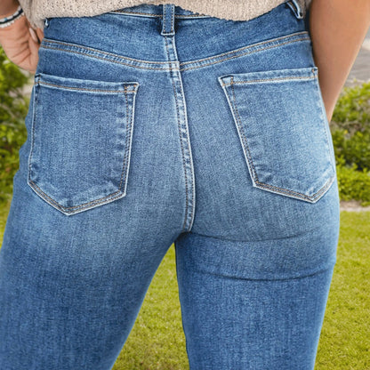 Women High Waist Front Double Pocket Washed Flare Denim Pants Slim Drape Jeans For Outdoor Garden Casual Daily Wear