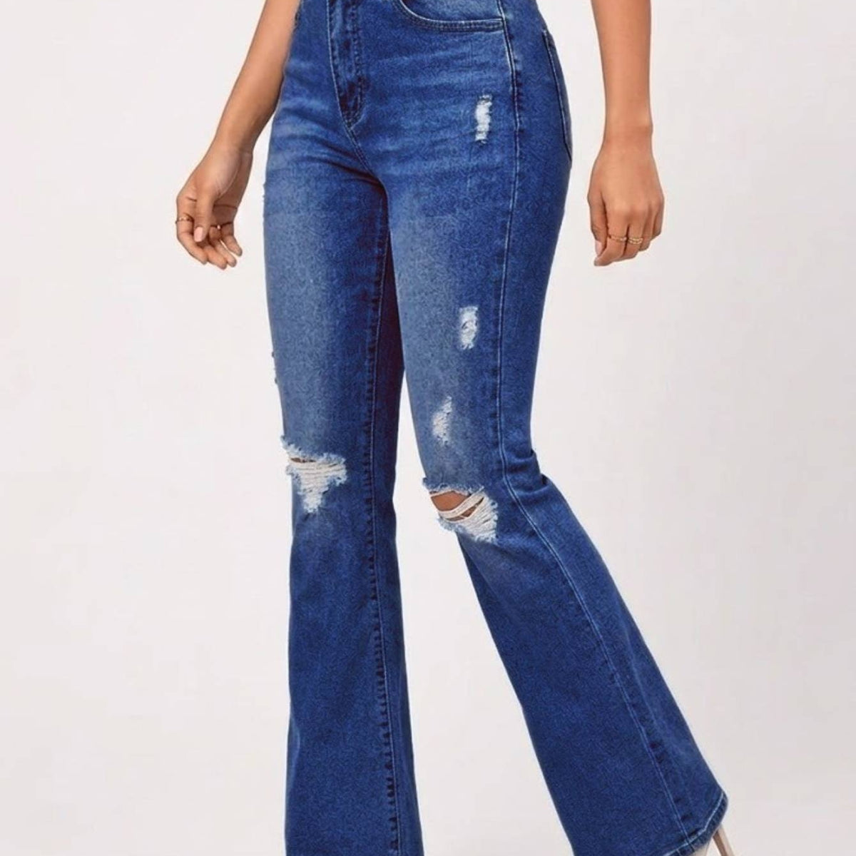 Women's Medium Blue High-Waisted Ripped Flare Jeans