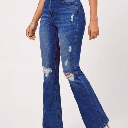 Women's Medium Blue High-Waisted Ripped Flare Jeans