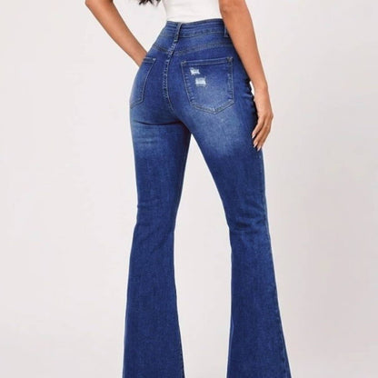 Women's Medium Blue High-Waisted Ripped Flare Jeans