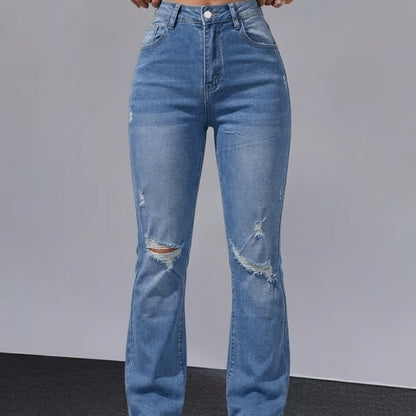 Women Distressed Cuffed Straight Leg Cropped Denim Jeans Stretch Slim Pants For Daily Street Casual Outfits