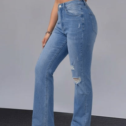 Women Distressed Cuffed Straight Leg Cropped Denim Jeans Stretch Slim Pants For Daily Street Casual Outfits
