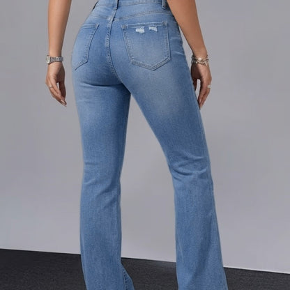 Women Distressed Cuffed Straight Leg Cropped Denim Jeans Stretch Slim Pants For Daily Street Casual Outfits