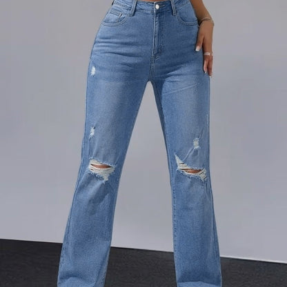 Women Distressed Cuffed Straight Leg Cropped Denim Jeans Stretch Slim Pants For Daily Street Casual Outfits