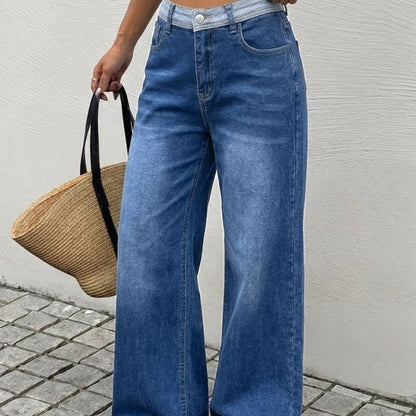 Women Contrast Waistband High Waist Denim Jeans Medium Blue Loose Wide Leg Soft Washed Casual Daily Long Trousers