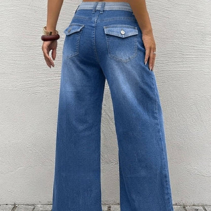 Women Contrast Waistband High Waist Denim Jeans Medium Blue Loose Wide Leg Soft Washed Casual Daily Long Trousers