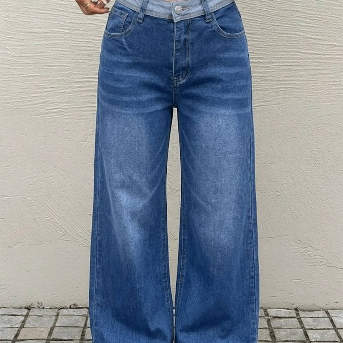 Women Contrast Waistband High Waist Denim Jeans Medium Blue Loose Wide Leg Soft Washed Casual Daily Long Trousers