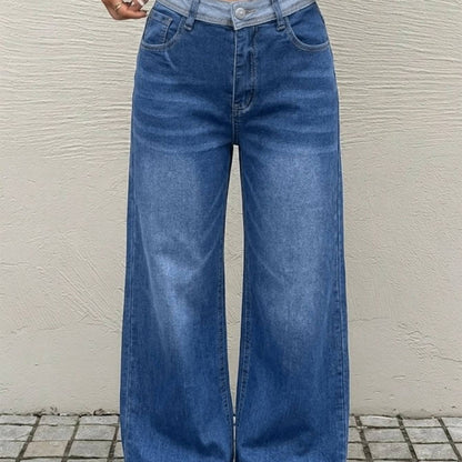 Women Contrast Waistband High Waist Denim Jeans Medium Blue Loose Wide Leg Soft Washed Casual Daily Long Trousers