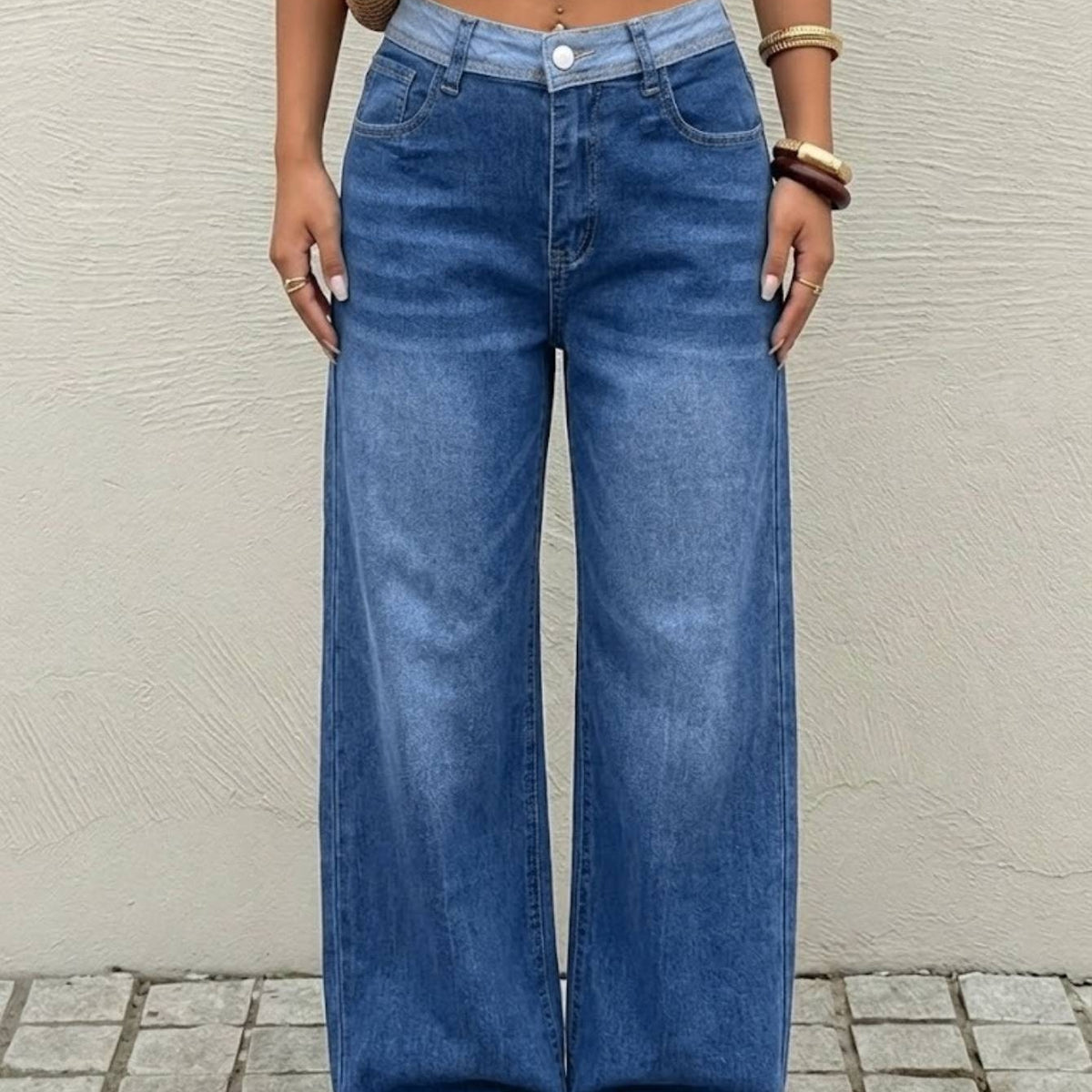 Women Contrast Waistband High Waist Denim Jeans Medium Blue Loose Wide Leg Soft Washed Casual Daily Long Trousers