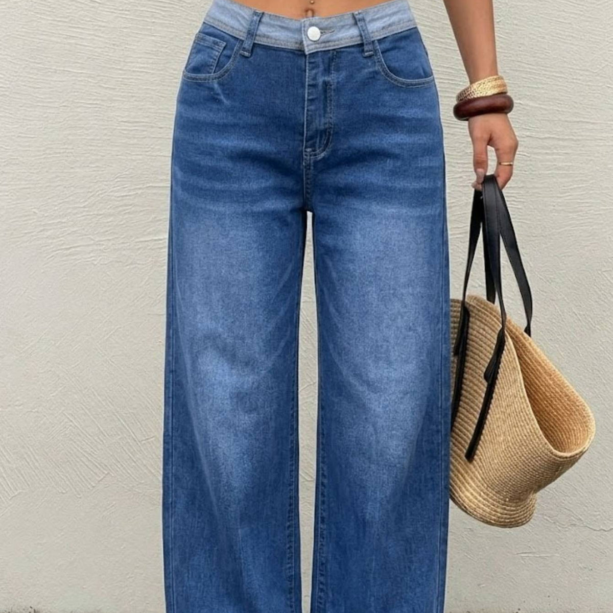 Women Contrast Waistband High Waist Denim Jeans Medium Blue Loose Wide Leg Soft Washed Casual Daily Long Trousers
