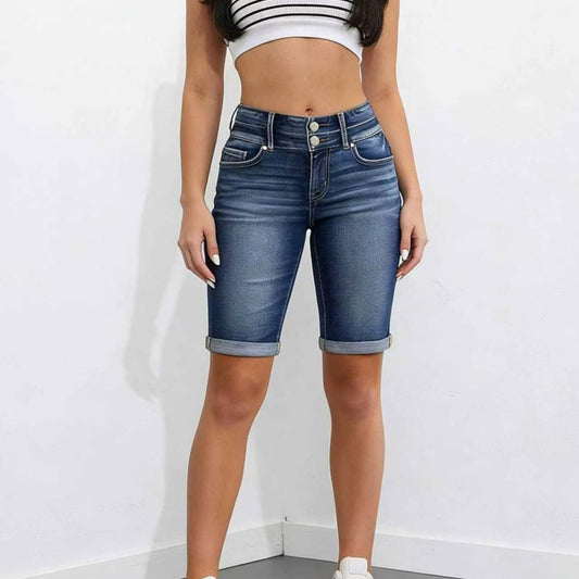 Dark Wash Double Button High Waist Denim Bermuda Shorts Women Cuffed Hem Slim Knee Length Jean Shorts With Pockets