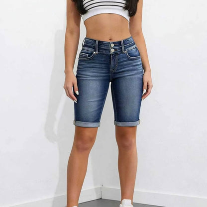 Dark Wash Double Button High Waist Denim Bermuda Shorts Women Cuffed Hem Slim Knee Length Jean Shorts With Pockets