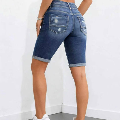 Dark Wash Double Button High Waist Denim Bermuda Shorts Women Cuffed Hem Slim Knee Length Jean Shorts With Pockets