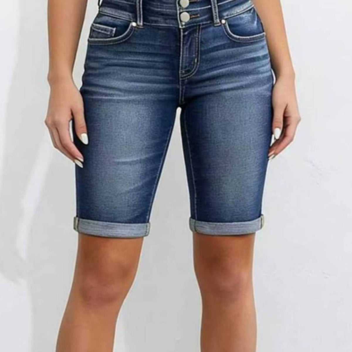 Dark Wash Double Button High Waist Denim Bermuda Shorts Women Cuffed Hem Slim Knee Length Jean Shorts With Pockets