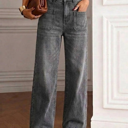 Women Gray High Waist Loose Denim Trousers Front Patch Pockets Soft Washed Casual Daily Straight Wide Leg Jeans