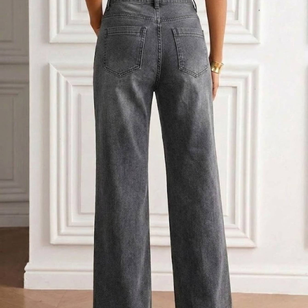 Women Gray High Waist Loose Denim Trousers Front Patch Pockets Soft Washed Casual Daily Straight Wide Leg Jeans