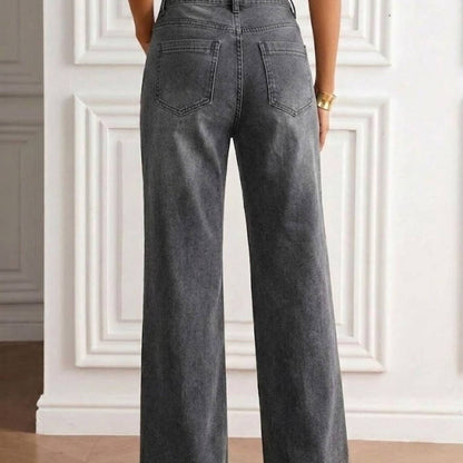 Women Gray High Waist Loose Denim Trousers Front Patch Pockets Soft Washed Casual Daily Straight Wide Leg Jeans