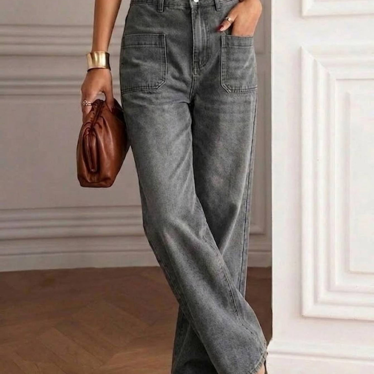 Women Gray High Waist Loose Denim Trousers Front Patch Pockets Soft Washed Casual Daily Straight Wide Leg Jeans