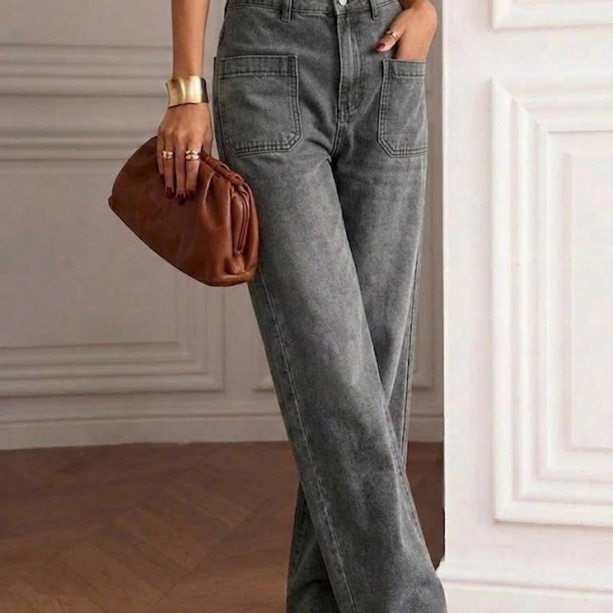 Women Gray High Waist Loose Denim Trousers Front Patch Pockets Soft Washed Casual Daily Straight Wide Leg Jeans