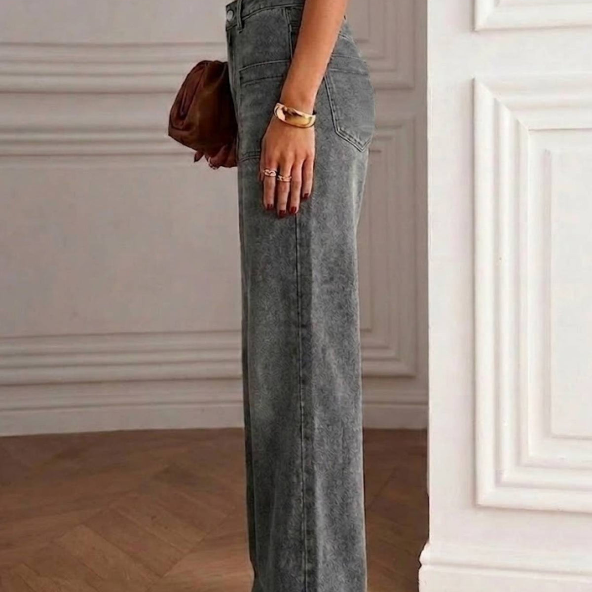 Women Gray High Waist Loose Denim Trousers Front Patch Pockets Soft Washed Casual Daily Straight Wide Leg Jeans