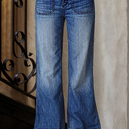 Women Vintage Washed Wide Leg Flare Denim Jeans With Contrast Stitch Front Pockets Casual Floor-Length Pants For Street Vacation Outfits