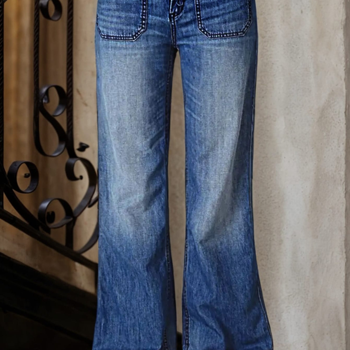 Women Vintage Washed Wide Leg Flare Denim Jeans With Contrast Stitch Front Pockets Casual Floor-Length Pants For Street Vacation Outfits
