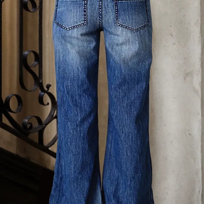 Women Vintage Washed Wide Leg Flare Denim Jeans With Contrast Stitch Front Pockets Casual Floor-Length Pants For Street Vacation Outfits