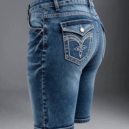Women High Waist Stretch Slim Denim Bermuda Shorts Casual Mid Pants For Summer Cycling Daily Street Wear
