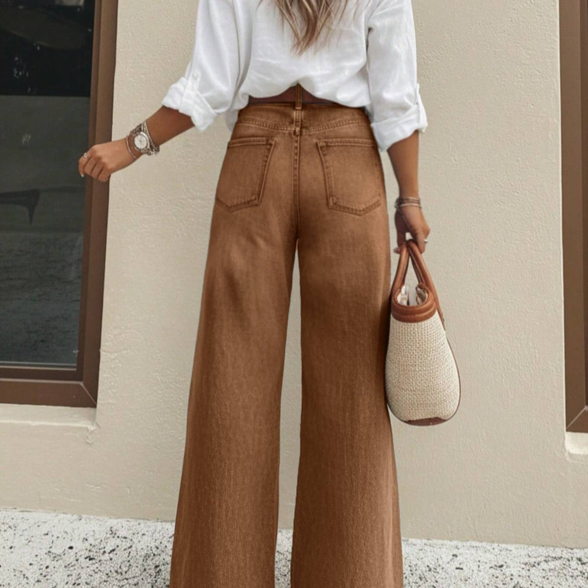 Women's Washed Brown High-Waisted Wide-Leg Jeans