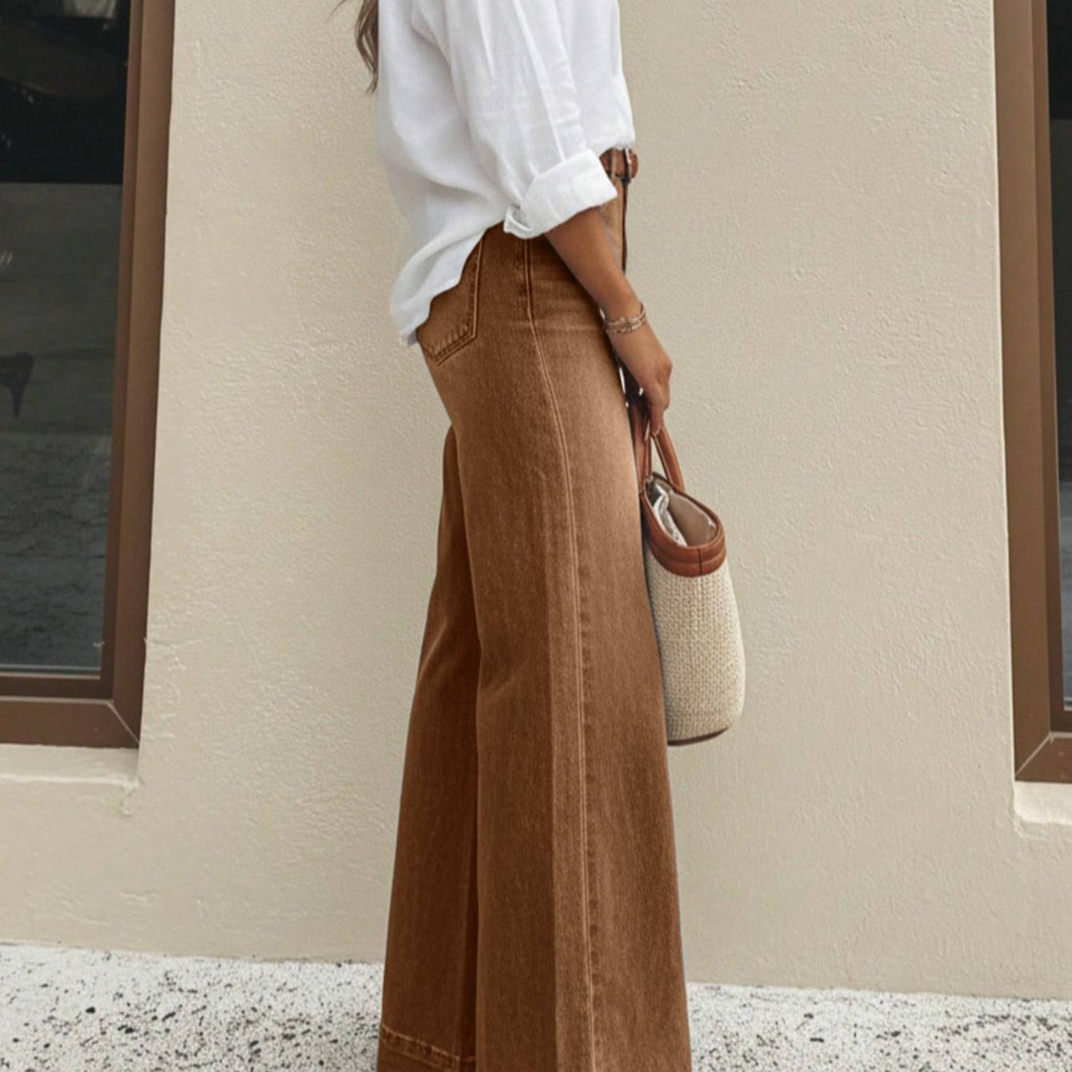 Women's Washed Brown High-Waisted Wide-Leg Jeans