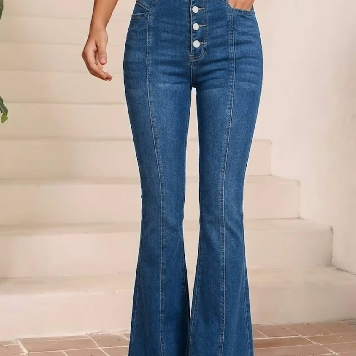 Women Casual High Waist Button Fly Flare Jeans Vertical Panel Stitching Stretch Slimming Retro Bell Bottom Denim