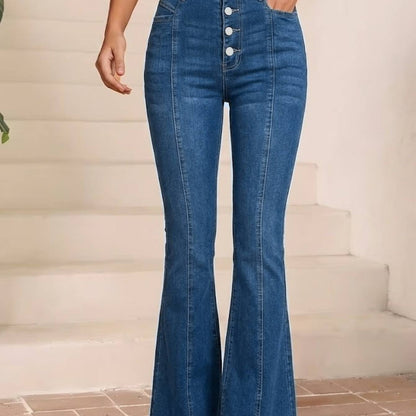 Women Casual High Waist Button Fly Flare Jeans Vertical Panel Stitching Stretch Slimming Retro Bell Bottom Denim