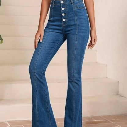 Women Casual High Waist Button Fly Flare Jeans Vertical Panel Stitching Stretch Slimming Retro Bell Bottom Denim